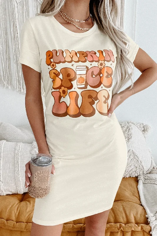 "Pumpkin Spice Life" Graphic T-Shirt Dress (Cream) - Print On Demand Knit Fabric Woven Fabric Fleece Fabric "Pumpkin Spice Life" Graphic T-Shirt Dress (Cream) - Print On Demand Knit Fabric Woven Fabric Fleece Fabric