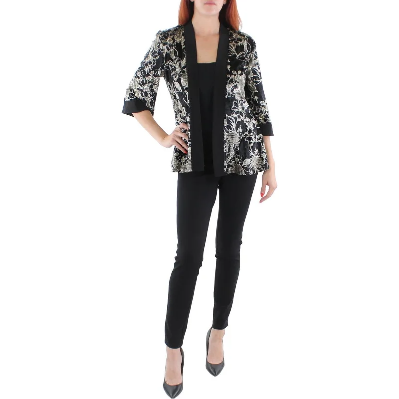 R&M Richards Womens Petites Velvet Metallic Open-Front Blazer Women's High-End Blazer