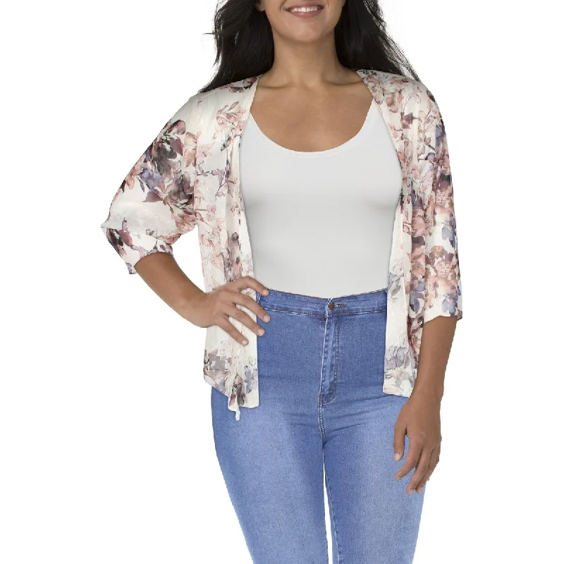 R&M Richards Womens Plus Chiffon Floral Duster Blazer Women's Navy Jacket