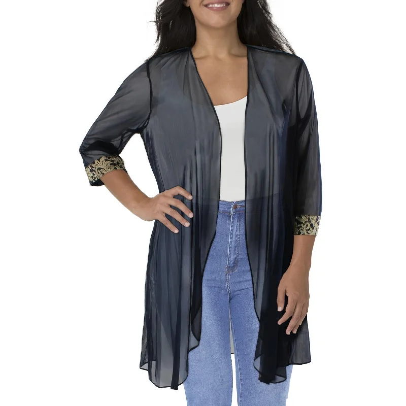 R&M Richards Womens Plus Mesh Contrast Trim Duster Blazer Women's Boutique Suit