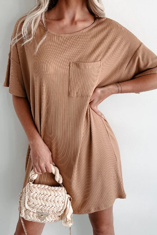 Ribbed T-Shirt Dress (Warm Caramel) Striped Floral Plaid