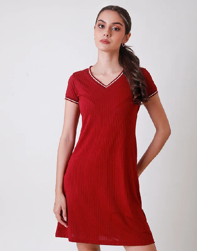 Ribbed Trim T-Shirt Dress Collared Crew Neck Turtle Neck