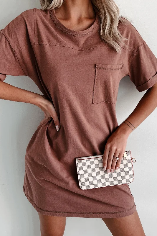 Rolled Sleeve T-Shirt Dress (Cocoa) Boxy Fit Fitted Loose
