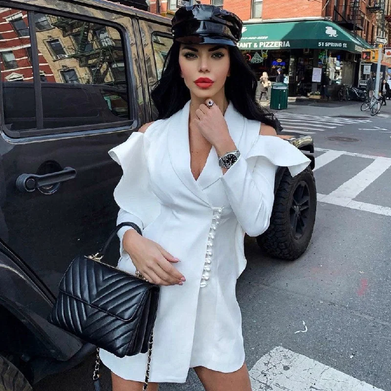 Ruffle Cutout Pearl Button Long Sleeve Blazer Mini Dress - White Women's Designer Suit