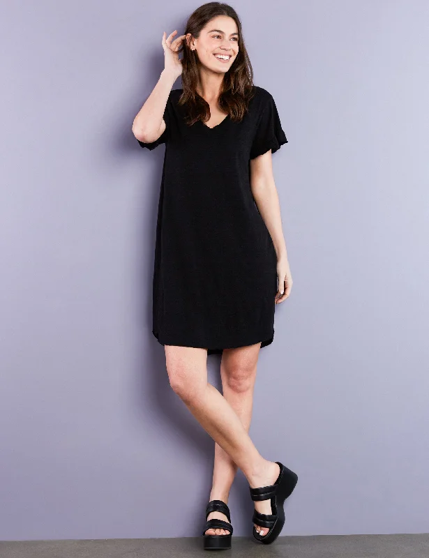 Ruffle V Neck T-Shirt Dress Solid Print Embellished