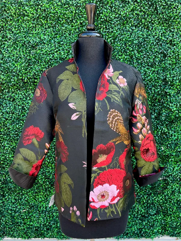 Rose & Bird Print Short Jacket Quilted Jacket Puffer Jacket Insulated Jacket
