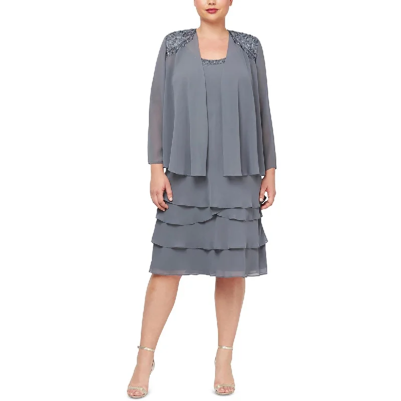 SLNY Womens Plus Chiffon Embellished Collarless Blazer Women's Luxurious Jacket