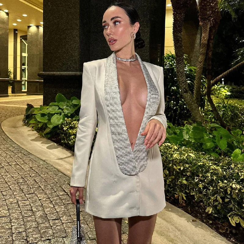 Sparkly Crystal Shawl Collar Backless Cutout Micro Short Blazer Mini Dress New Women's Blazer Sparkly Crystal Shawl Collar Backless Cutout Micro Short Blazer Mini Dress New Women's Blazer