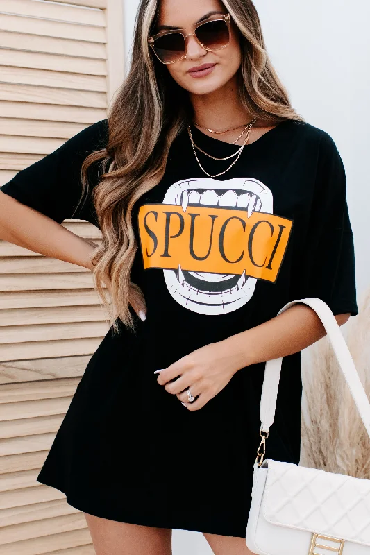 Spucci Vampire Oversized Graphic T-Shirt Dress (Black) - Print On Demand Notch Collar Peter Pan Collar Cowl Neck Spucci Vampire Oversized Graphic T-Shirt Dress (Black) - Print On Demand Notch Collar Peter Pan Collar Cowl Neck