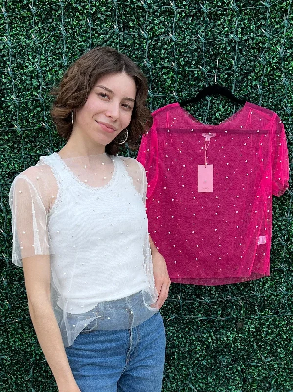 Rhinestone Pearl Mesh T-Shirt Silk Blend Satin Velvet