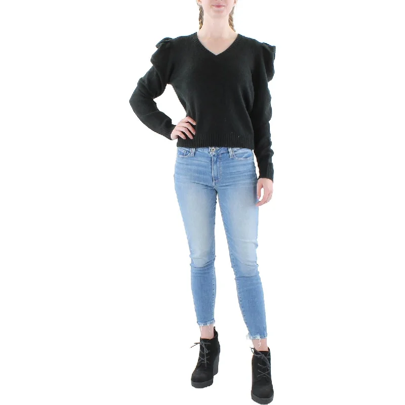 Steve Madden Womens Ribbed Trim V-Neck Pullover Sweater Elbow Length Sleeve