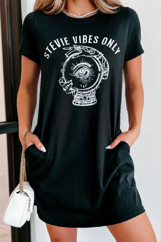 "Stevie Vibes" Graphic T-Shirt Dress (Black) - Print On Demand Rayon Velvet Corduroy "Stevie Vibes" Graphic T-Shirt Dress (Black) - Print On Demand Rayon Velvet Corduroy