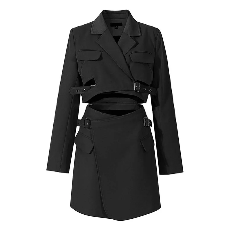 Stylish Lapel Collar Wrapped Strappy Belted Cut Out Mini Blazer Dress Fashion Women's Blazer Stylish Lapel Collar Wrapped Strappy Belted Cut Out Mini Blazer Dress Fashion Women's Blazer