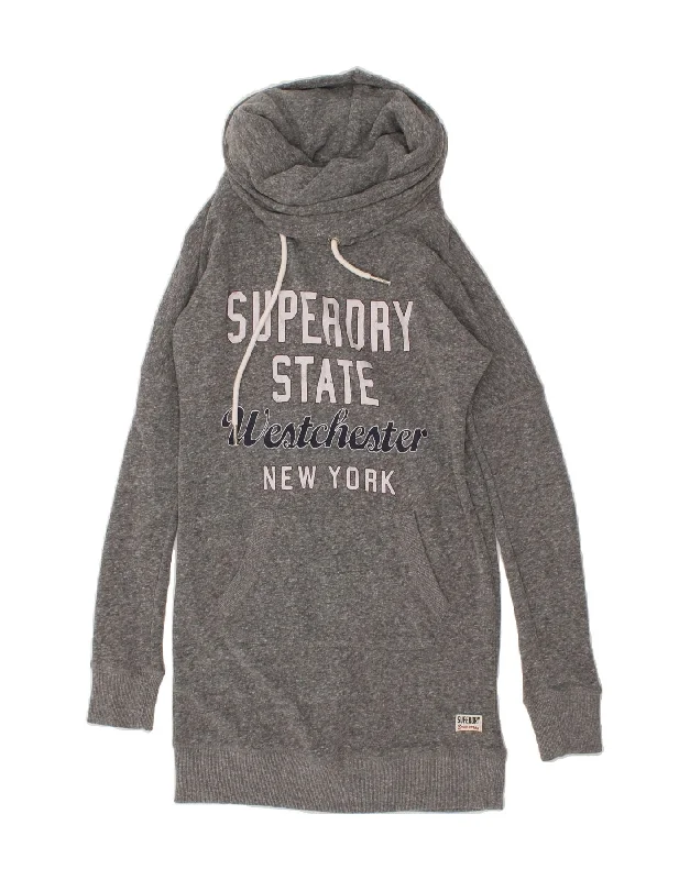 SUPERDRY Womens Graphic Sweatshirt Jumper Dress UK 6 XS Grey Polyester Hoodie with Strings Custom Fit Adjustable