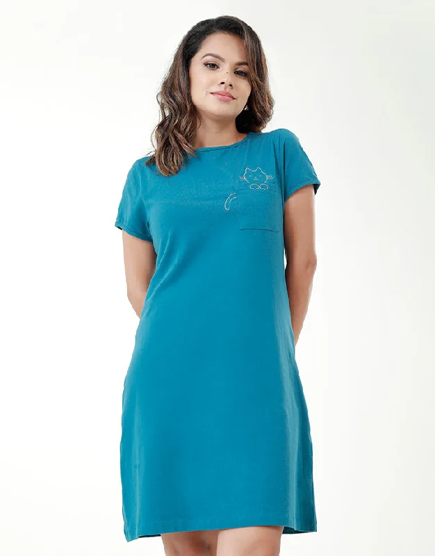 T-Shirt Dress with Cat Embroidery Mesh Blend Leather Blend Suede Blend