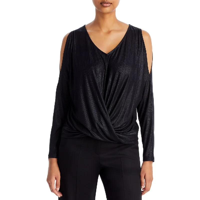 T Tahari Womens Twist Front Metallic Pullover Top Thick Cable Knit