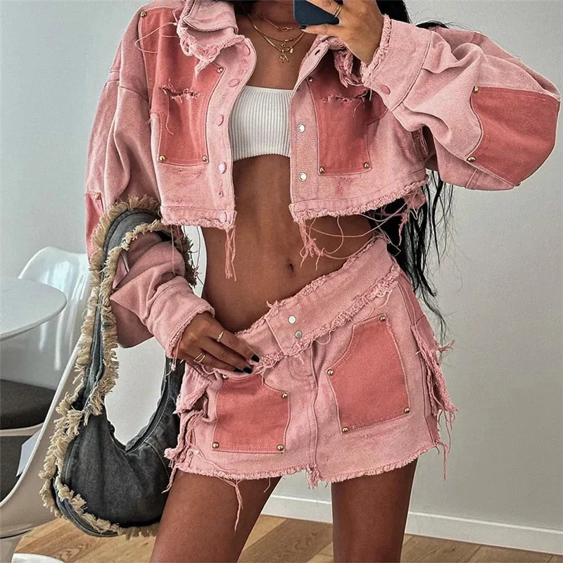 Tassel Jacket Crop Top & Mini Skirt Sets Fleece Fabric Down Fabric Feather Fabric