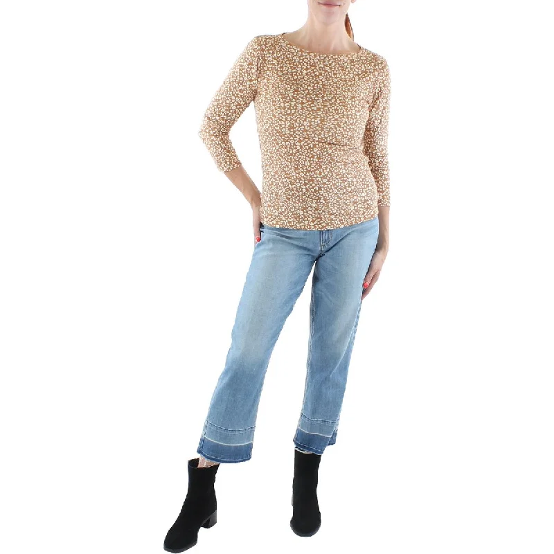 Three Dots Womens Cotton Blend Animal Print Pullover Top Gathered Sleeve Pullover