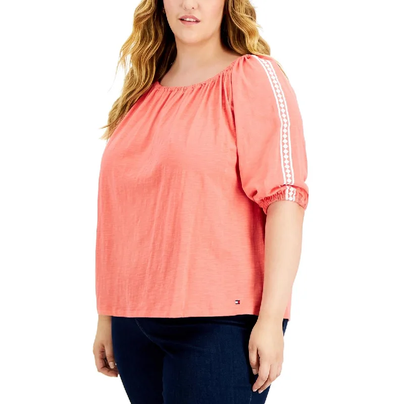 Tommy Hilfiger Womens Plus Bubble Sleeve Boat Neck Pullover Top Boxy Neck Sweater