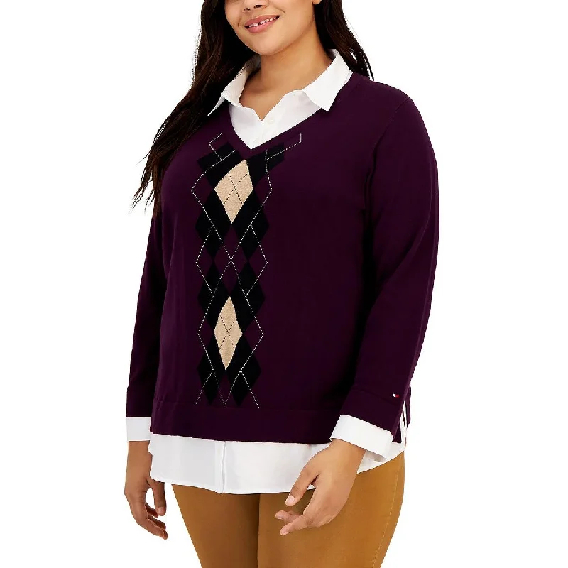 Tommy Hilfiger Womens Plus Cotton Printed Pullover Top Spaghetti Sleeve Top
