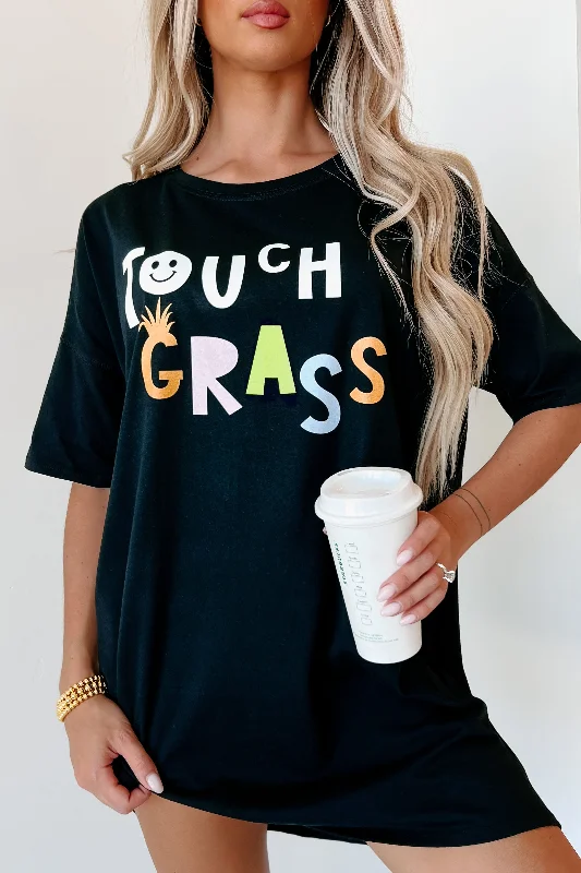 "Touch Grass" Oversized Graphic T-Shirt Dress (Black) - Print On Demand Welt Pockets Slit Pockets Flap Pockets "Touch Grass" Oversized Graphic T-Shirt Dress (Black) - Print On Demand Welt Pockets Slit Pockets Flap Pockets