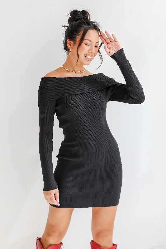 Touchdown Season Off-The-Shoulder Mini Sweater Dress Notch Collar Peter Pan Collar Cowl Neck