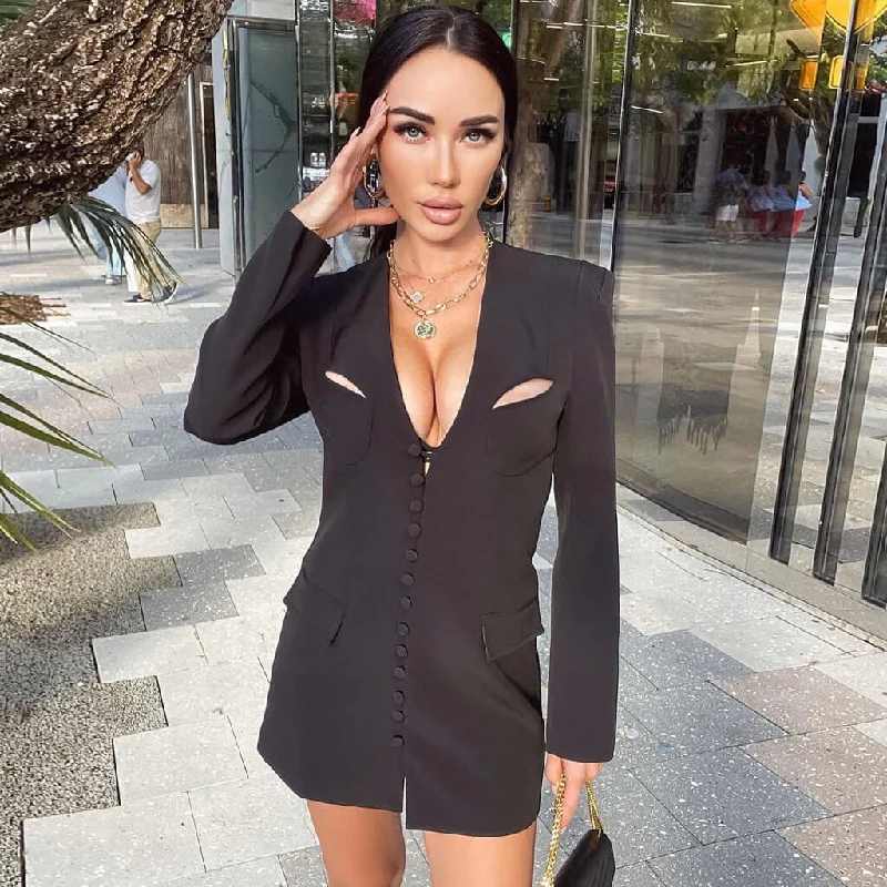 Unique Cutout Long Sleeve Button Down Mini Blazer Dress - Black Cotton Blend Blazer