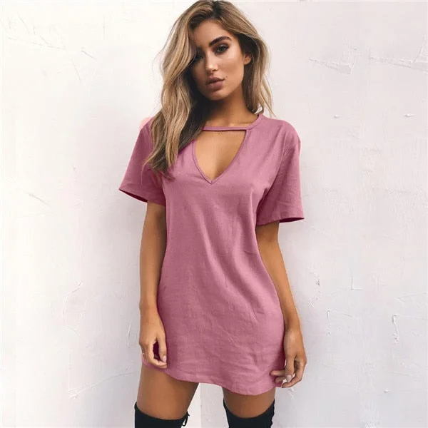 V-neck Loose T-Shirt Mini Dresses (Multi-Colors) Satin Fabric Silk Fabric Chiffon Fabric