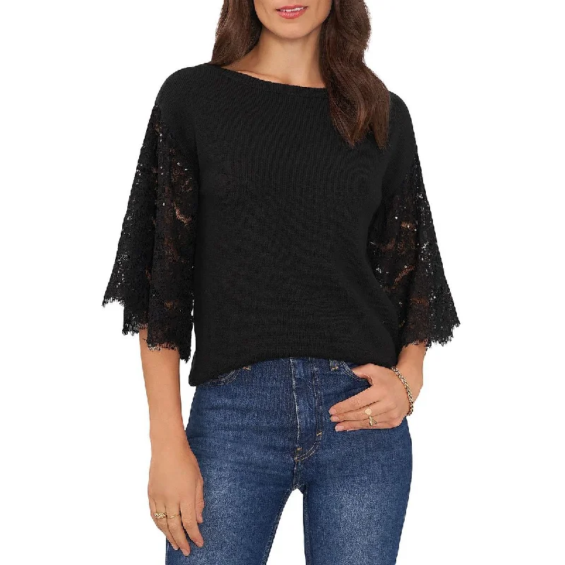 Vince Camuto Womens Boat Neck Lace Trim Pullover Sweater Fleece Warm Pullover
