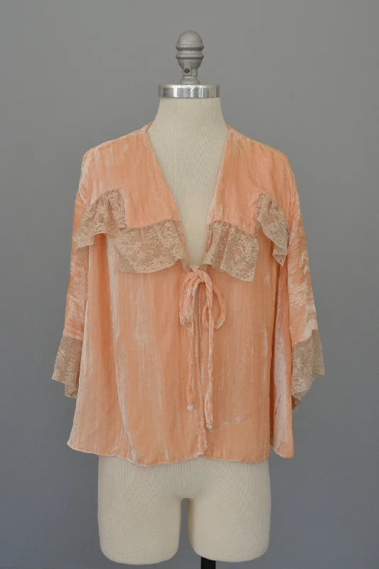 Vintage Peach Crushed Velvet Lace Bed Jacket Shrug Bell Sleeves Notch Collar Jacket Peter Pan Collar Jacket Cowl Neck Jacket Vintage Peach Crushed Velvet Lace Bed Jacket Shrug Bell Sleeves Notch Collar Jacket Peter Pan Collar Jacket Cowl Neck Jacket