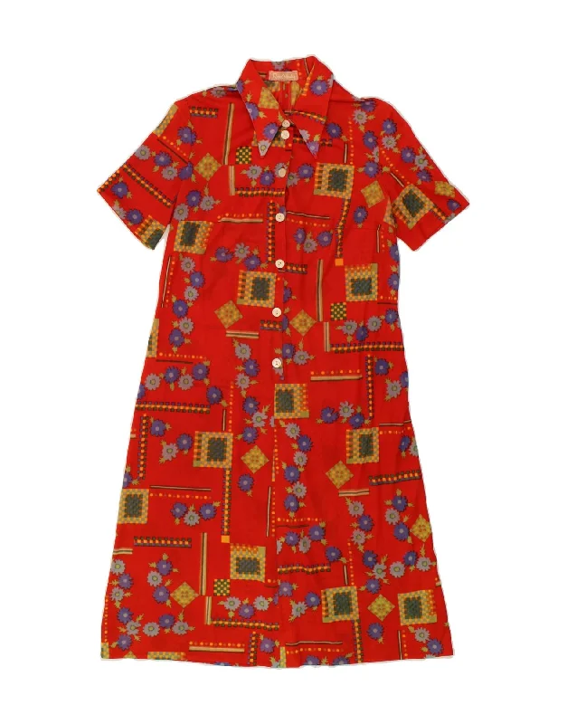 VINTAGE Womens Pullover Shirt Dress UK 12 Medium Red Floral Over Sleeve Pullover