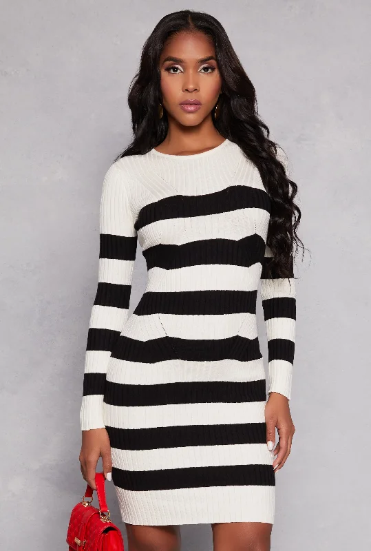 Striped Long Sleeve Sweater Dress Terry Blend Velvet Blend Canvas Blend