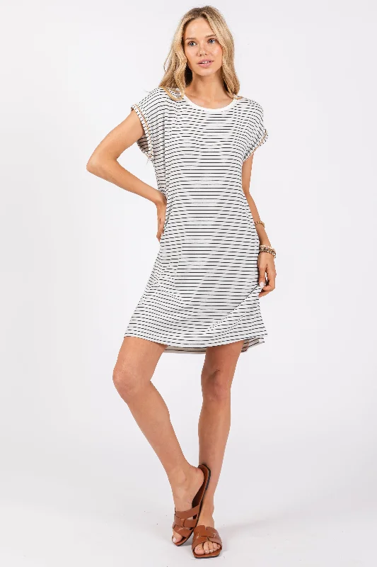 White Striped Maternity Side Slit T-Shirt Dress Front Pockets Side Pockets Patch Pockets