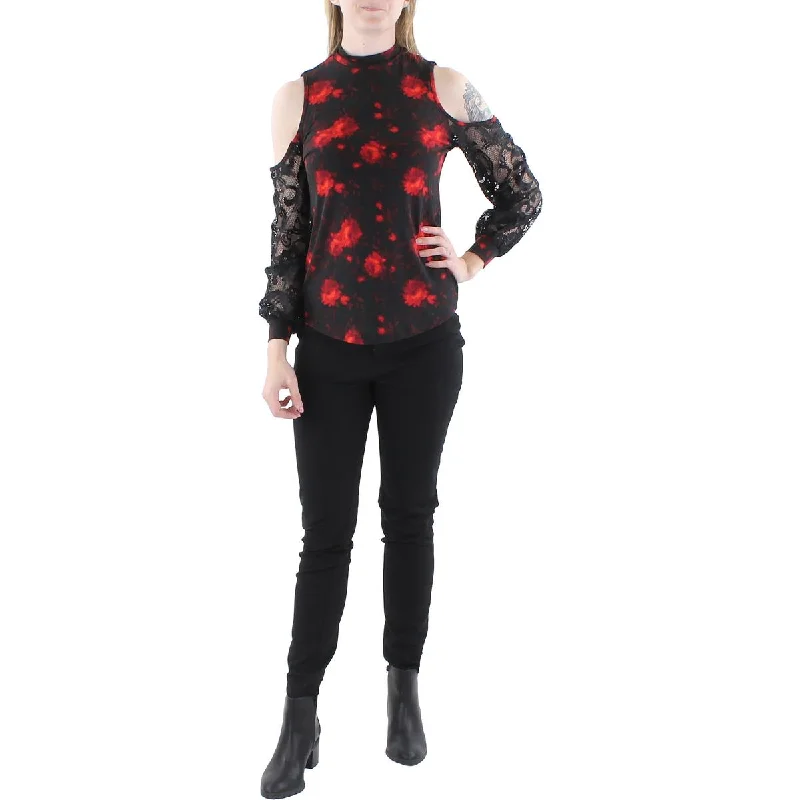 Willow Womens   Floral Print Mixed Media Pullover Top Cap Sleeve Casual