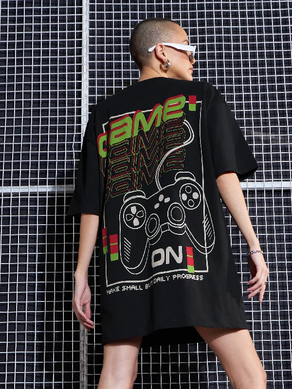 Women Black GAME ON Printed Oversized T-Shirt Dress Lace Blend Ribbed Blend Corduroy Blend