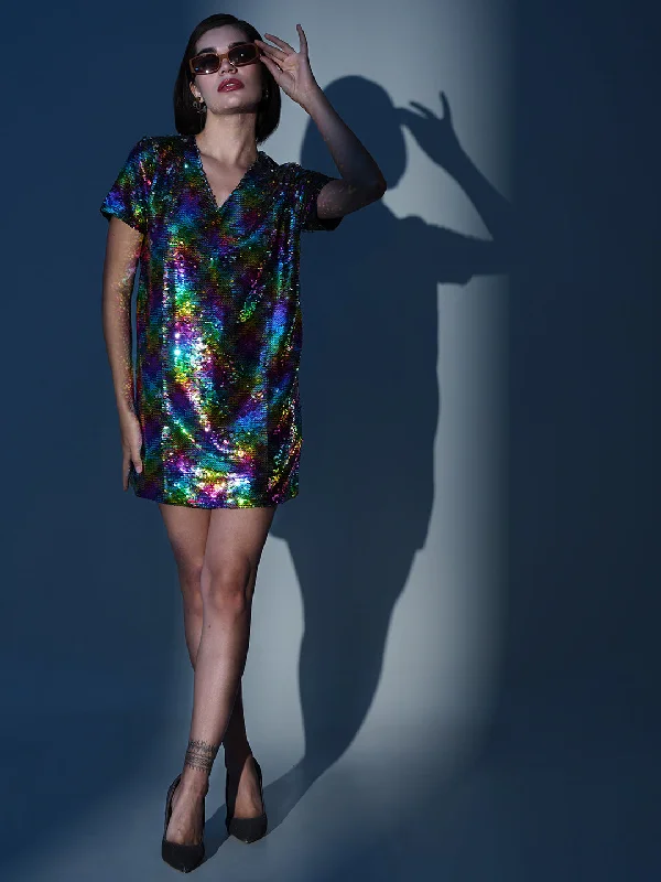 Women Black Multi-Sequin V-Neck T-shirt Dress Asymmetrical Pockets Print