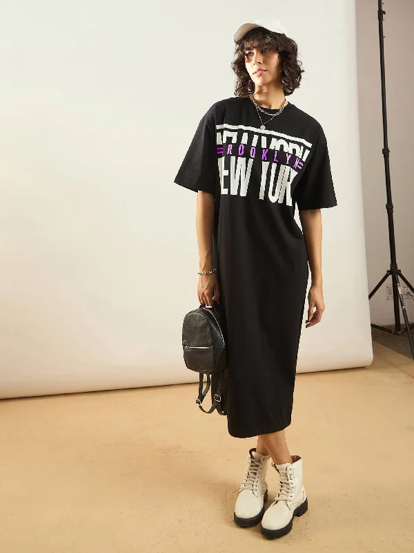 Women Black NEW YORK Printed T-Shirt Dress Fashionable Trendy Casual