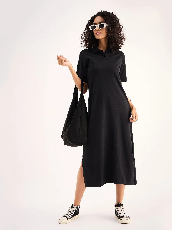 Women Black Oversized Collar T-Shirt Dress Ribbed Striped Patterned