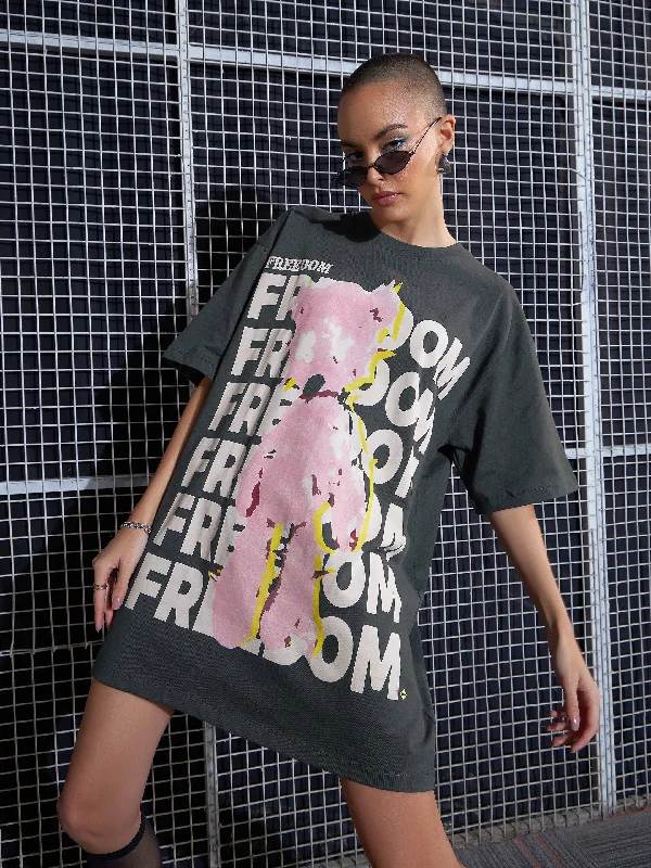 Women Grey FREEDOM Printed Oversized T-Shirt Dress Hooded Caped Shawl Collar