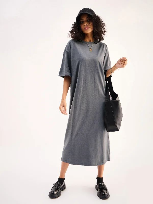 Women Grey Oversized T-Shirt Dress Hooded Caped Shawl Collar