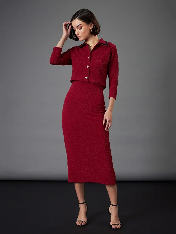 Women Maroon Strappy Bodycon Dress With Crop Jacket Knit Jacket Woven Jacket Fleece Jacket Women Maroon Strappy Bodycon Dress With Crop Jacket Knit Jacket Woven Jacket Fleece Jacket
