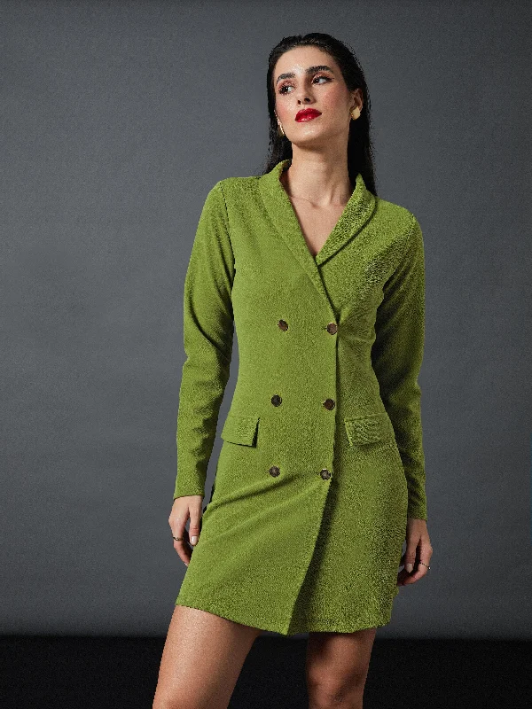 Women Olive Double Breasted Blazer Dress Winter Women's Blazer
