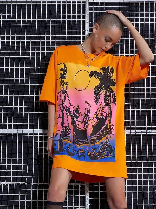 Women Orange FLORIDA Printed Oversized T-Shirt Dress Chenille Blend Fleece Blend Nylon Blend