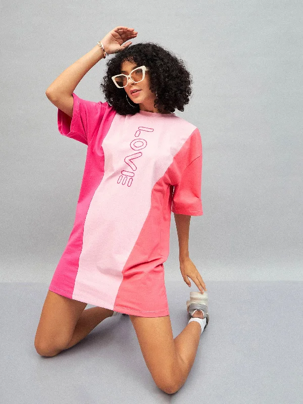 Women Pink LOVE ColorBlock T-Shirt Dress Polka Dot Checkered Tartan