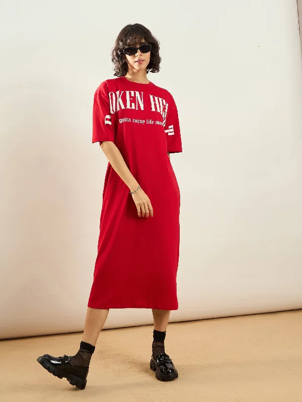 Women Red BROKEN HEART Printed T-Shirt Dress Cashmere Blend Cotton Blend Poly Blend
