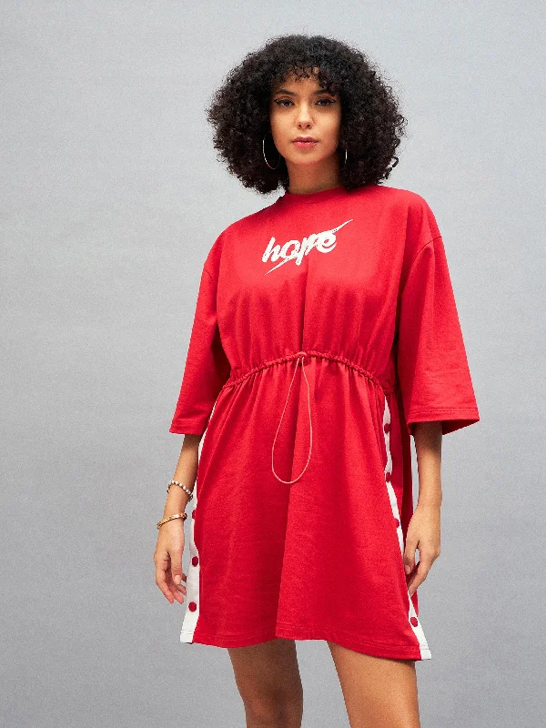 Women Red Knitted HOPE T-Shirt Dress Welt Pockets Slit Pockets