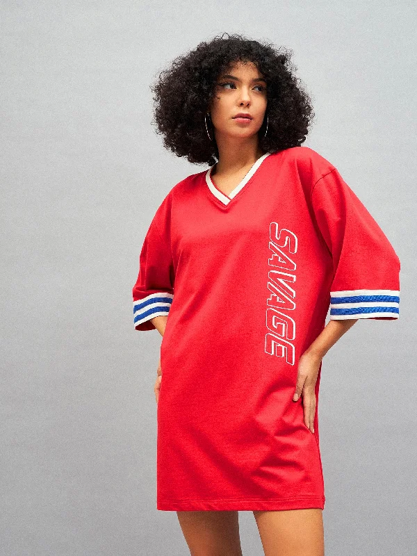 Women Red SAVAGE T-Shirt Dress Print Jacquard Patchwork