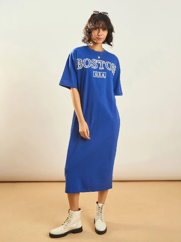 Women Royal Blue BOSTON Printed T-Shirt Dress Houndstooth Herringbone Solid
