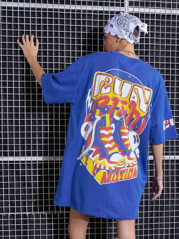 Women Royal Blue FUN Printed Oversized T-Shirt Dress Silk Blend Satin Velvet