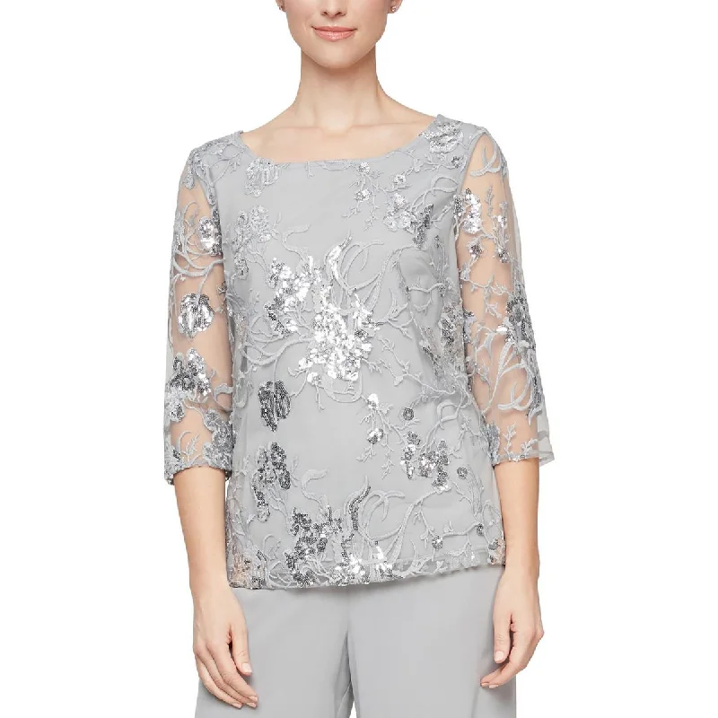 Alex Evenings Womens Petites Sequins Mesh Overlay Pullover Top Ruffle Sleeve Feminine Alex Evenings Womens Petites Sequins Mesh Overlay Pullover Top Ruffle Sleeve Feminine